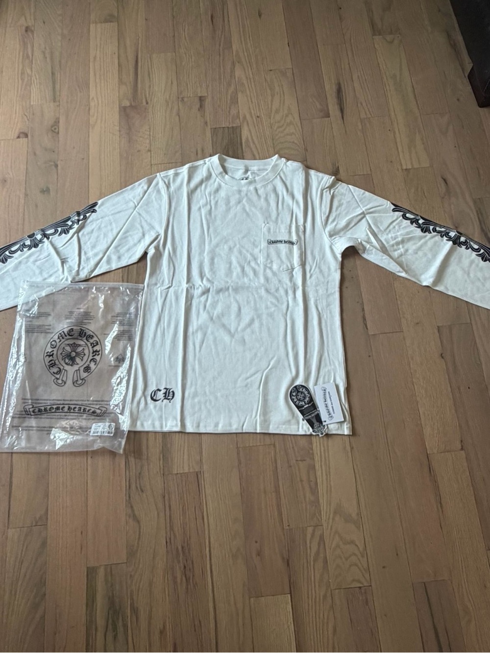 Chrome Hearts White Long Sleeve Tee with Black Sleeve Motifs